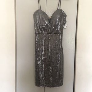 Evening dress. Dark silver above the knee strap dress. Size L from Olive Ole.